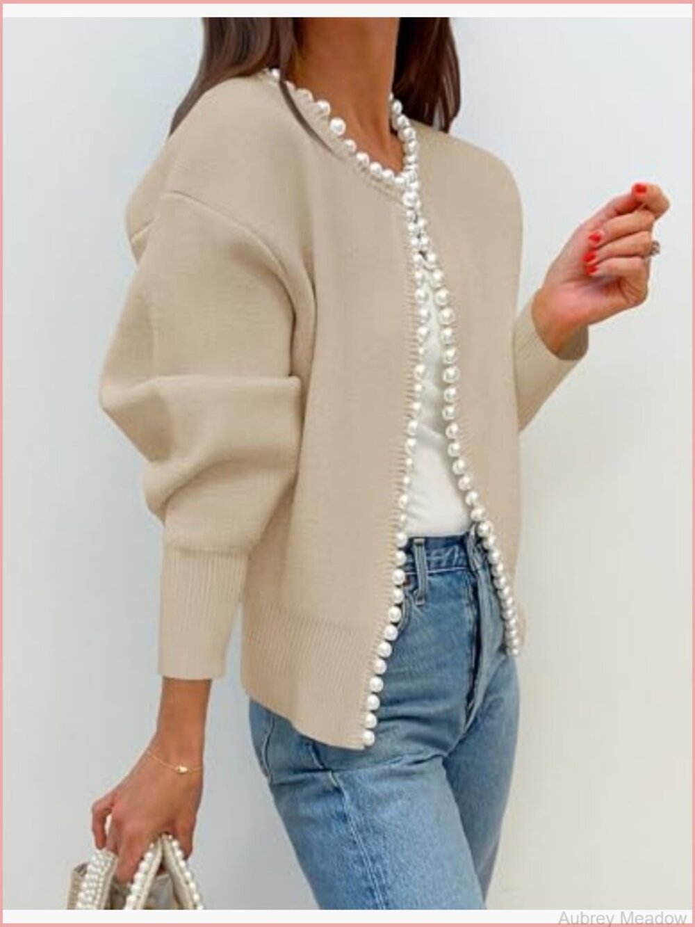 Open Front Cardigan Sweater Long Sleeve Pearl Trim Knit Coat - Picture 4 of 7